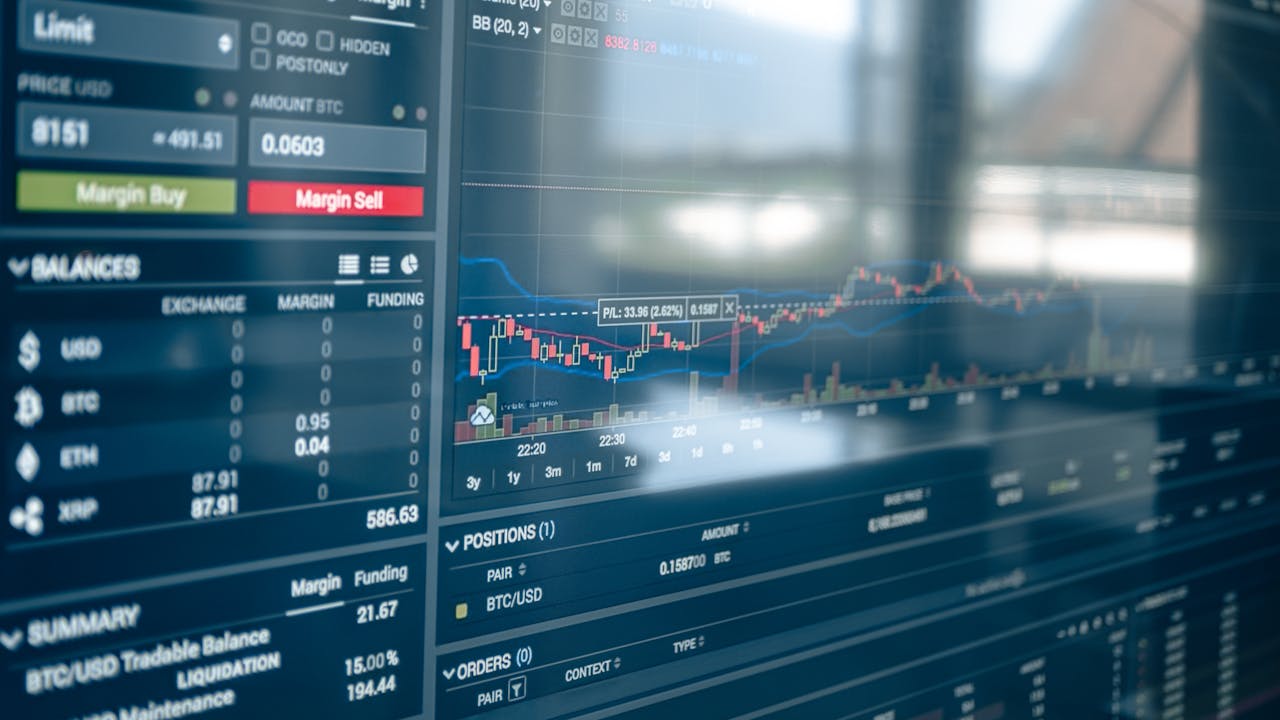 Home Close-up of a digital screen displaying stock trading graphs and cryptocurrency values. Ideal for finance and technology themes.